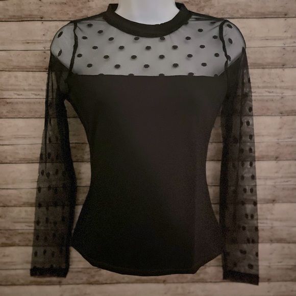 Black round neck contrast polka dot mesh slim fit long sleeve tee Sz S - Picture 7 of 7